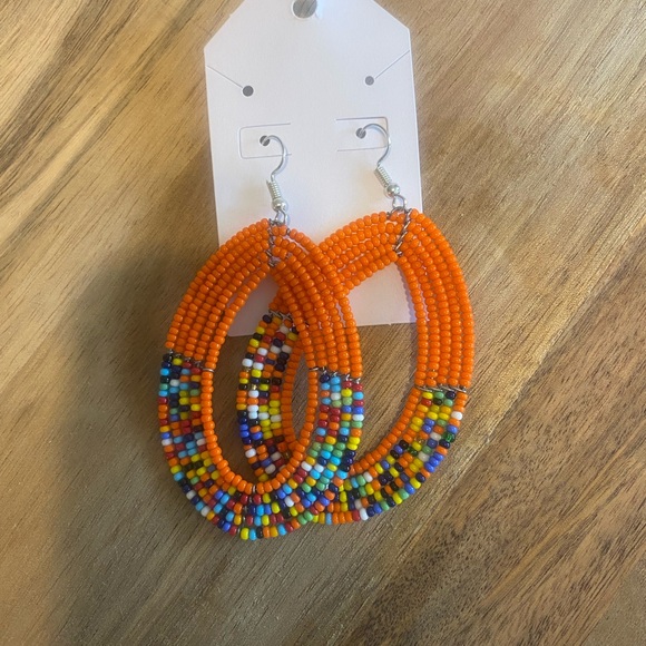 Handmade Jewelry - Orange Bohemian Hoop Earrings with Seed Beads